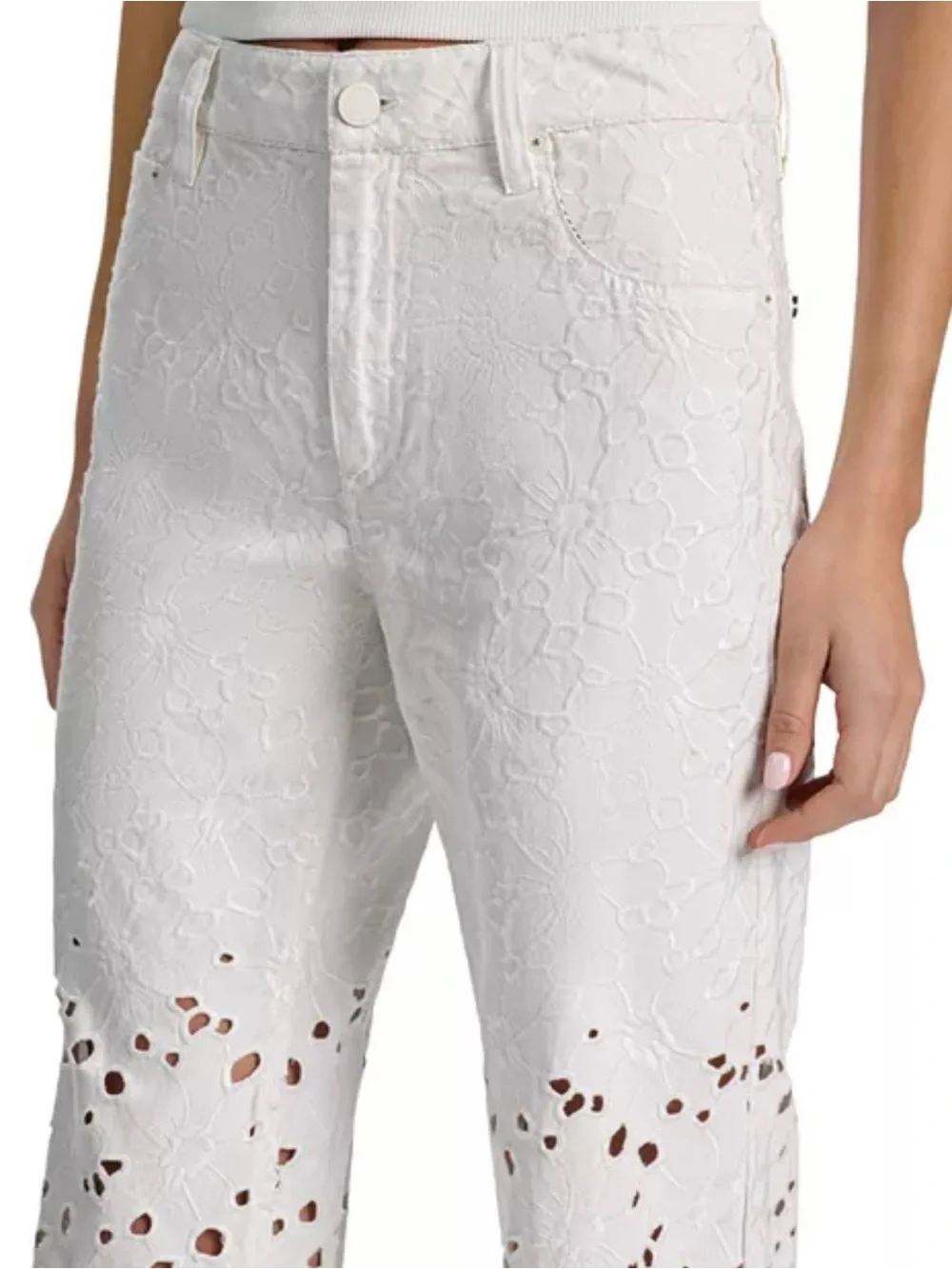 Alice + Olivia White Eyelet Jeans with Red Stitch Accents - Picture 2 of 14